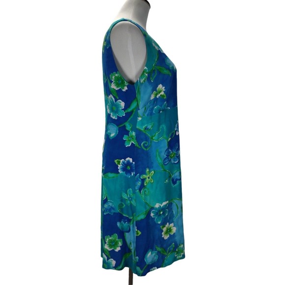 Vintage 90s Big Hed Mini Tank Dress Size L Blue Floral Rayon Empire Waist A Line - Picture 4 of 10